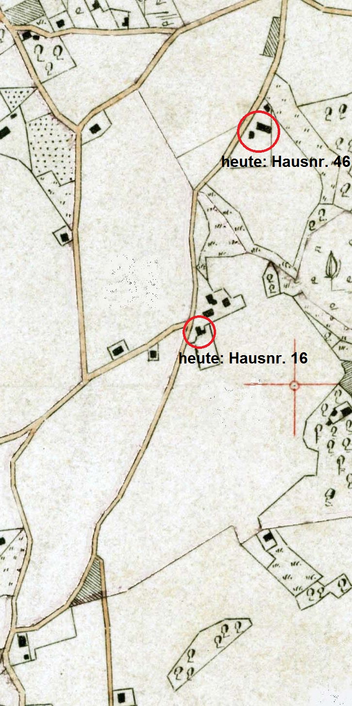 Ausschnitt aus der Stiepeler Gemarkungskarte von 1885, ergänzt um zwei heutige Hausnummern