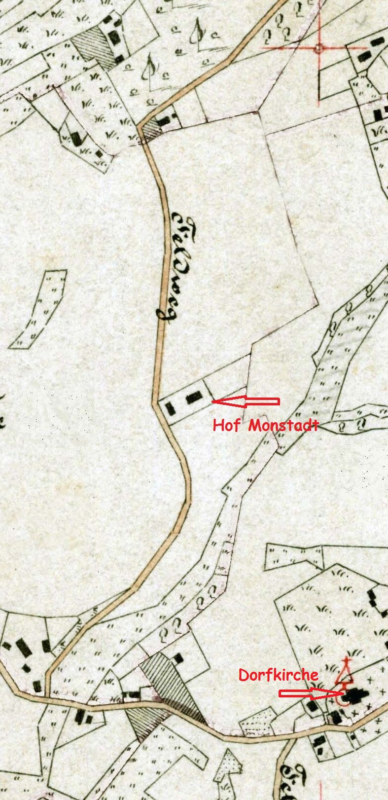 Auf der Stiepeler Gemarkungskarte 1885 gut zu erkennen: der Straßenverlauf geht über die heutige Brüggenenystraße