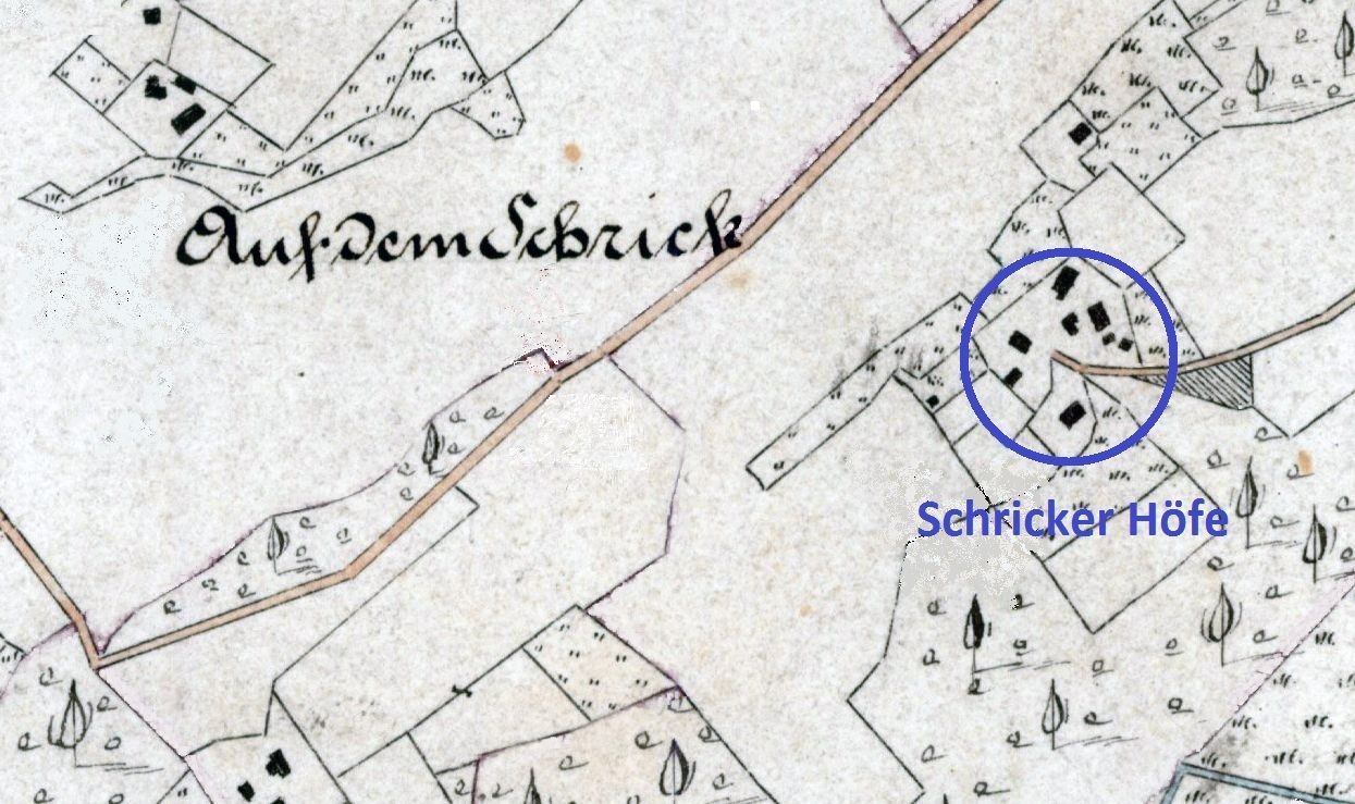 Kartenausschnitt von1885. Gut zu erkennen: die Schricker Höfe noch ohne Straßenanbindung