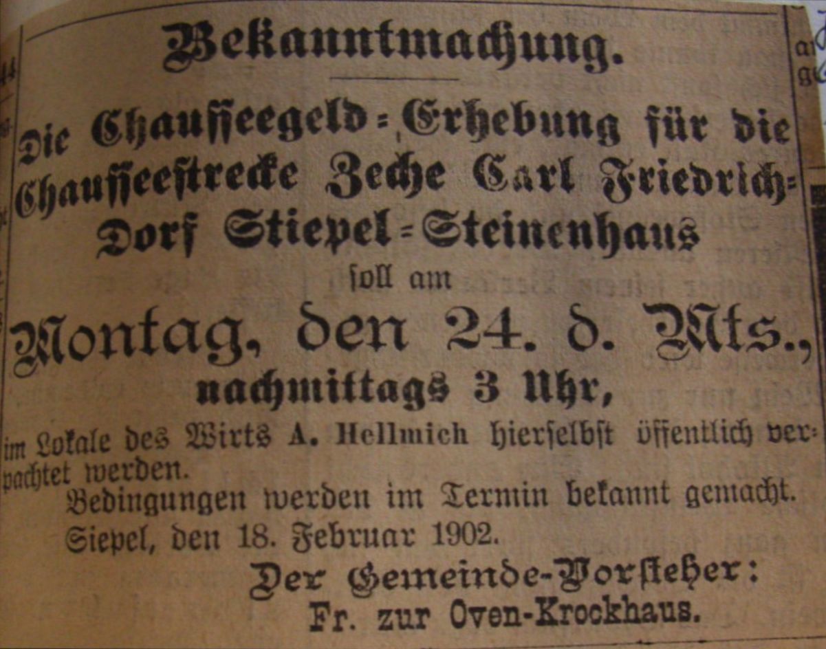Bekanntmachung vom 18. Februar 1902: „Die Chausseegeld-Erhebung … soll … öffentlich verpachtet werden.“