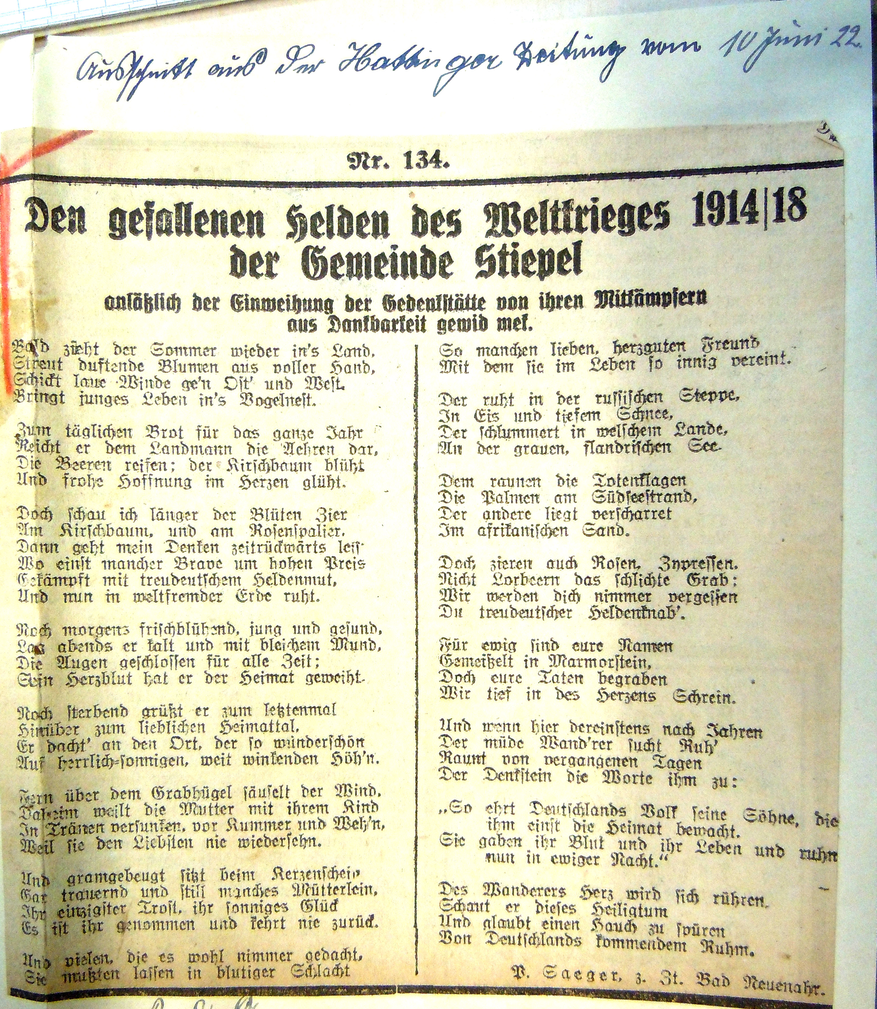 Heldengedicht aus der Hattinger Zeitung