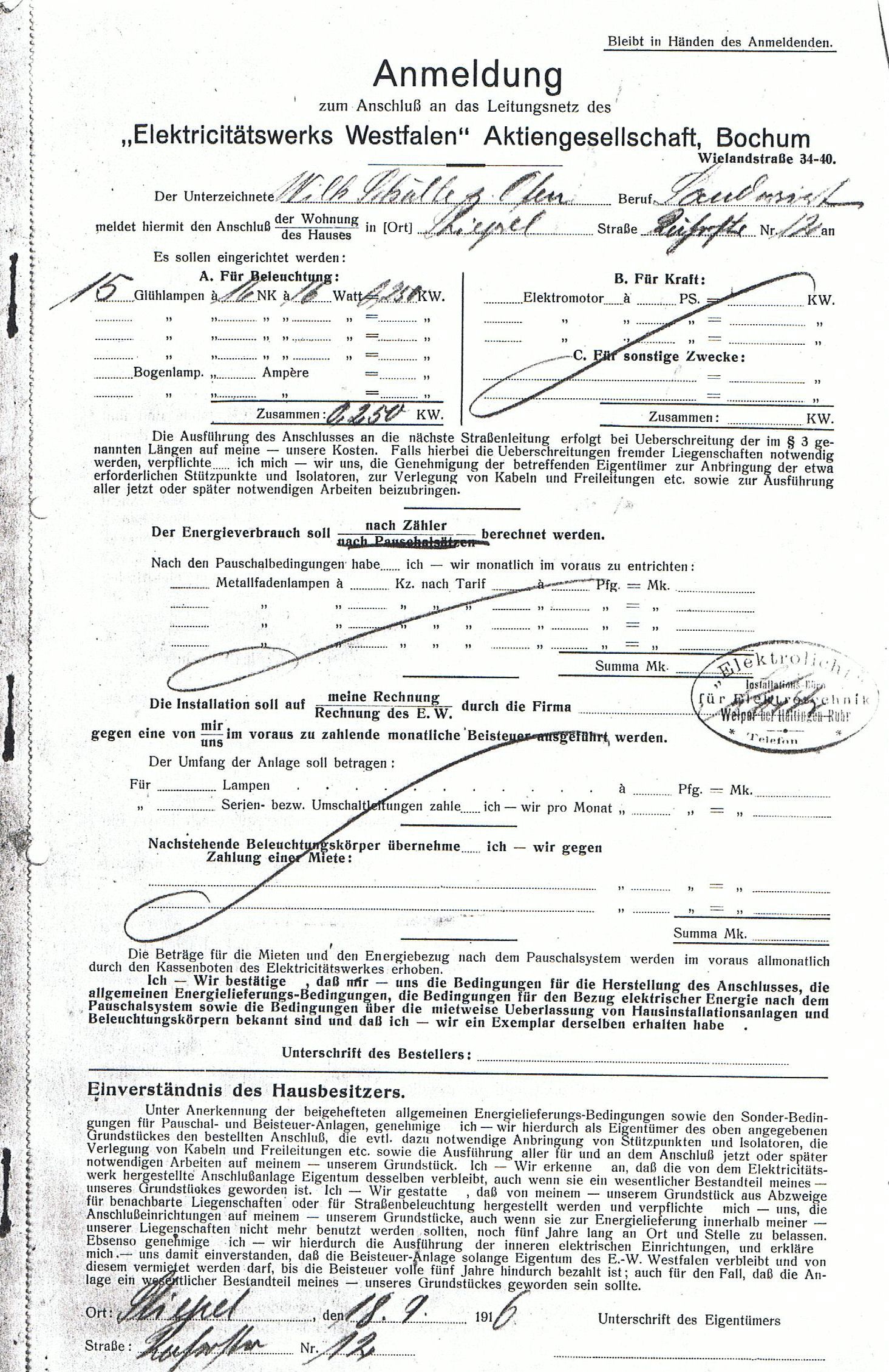 Eine Anmeldung zum Anschluss an das Leitungsnetz aus dem Jahr 1916