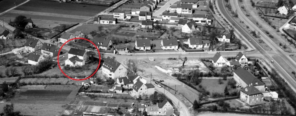 Luftbild 1963: Das Haus zur Oven-Krockhaus ist rot eingekreist. Foto: Bildarchiv Stadt Bochum